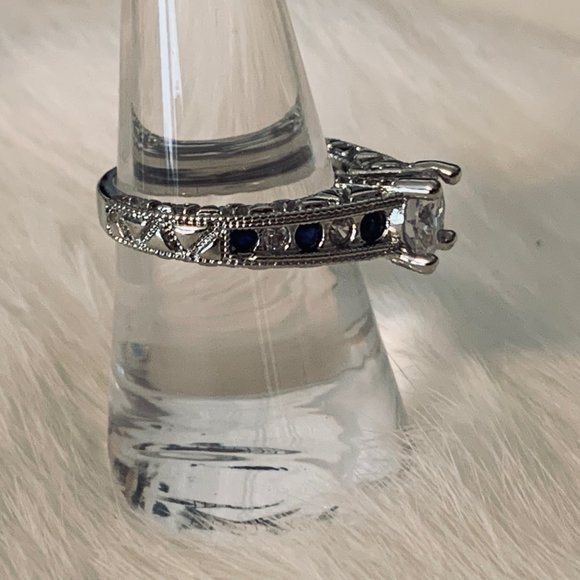 Two Silver Tone Fashion Rings with Blue and Clear Stone Round - Picture 3 of 14